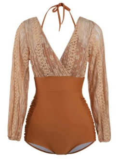 Online Retro Stage [US Warehouse] Patchwork Lace-Up One-Piece Swimsuit Orange