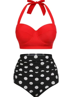 Sale Retro Stage [US Warehouse] 2PCS 1940s Dots Halter Swimsuit Red