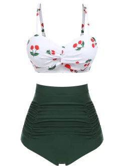 Best Retro Stage [US Warehouse] 2PCS 1950s Cherry Spaghetti Strap Bikini Set