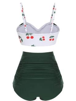 Best Retro Stage [US Warehouse] 2PCS 1950s Cherry Spaghetti Strap Bikini Set
