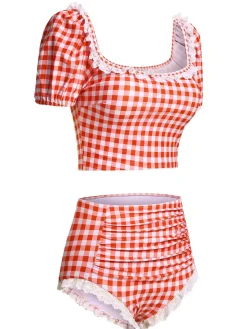 Discount Retro Stage [US Warehouse] 2PCS 1960s Plaid Lace Patchwork Swimsuit Red
