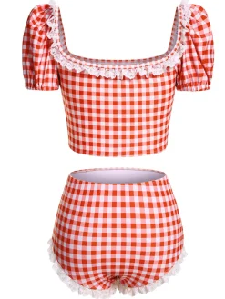 Discount Retro Stage [US Warehouse] 2PCS 1960s Plaid Lace Patchwork Swimsuit Red