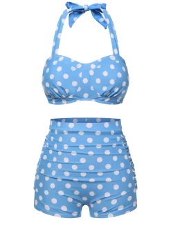 New Retro Stage [US Warehouse] 2PCS 1950s Polka Dots Bikini Set Blue