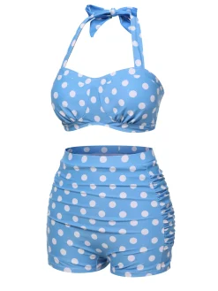 New Retro Stage [US Warehouse] 2PCS 1950s Polka Dots Bikini Set Blue