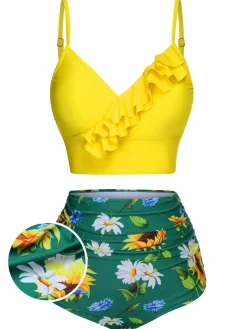 Hot Retro Stage [US Warehouse] 2PCS 1950s Sunflower Ruffles V-Neck Swimsuit Yellow
