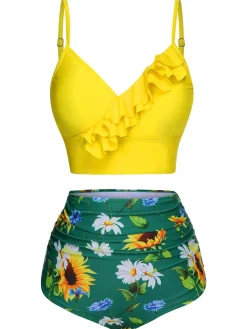 Hot Retro Stage [US Warehouse] 2PCS 1950s Sunflower Ruffles V-Neck Swimsuit Yellow