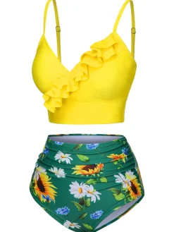Hot Retro Stage [US Warehouse] 2PCS 1950s Sunflower Ruffles V-Neck Swimsuit Yellow