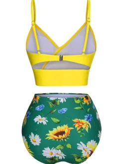 Hot Retro Stage [US Warehouse] 2PCS 1950s Sunflower Ruffles V-Neck Swimsuit Yellow