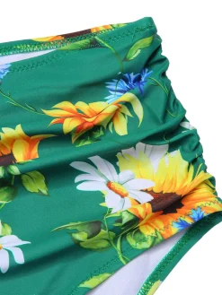 Hot Retro Stage [US Warehouse] 2PCS 1950s Sunflower Ruffles V-Neck Swimsuit Yellow