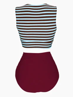Best Retro Stage [US Warehouse] Pink & Black 1970s Striped Waist Tie Patchwork Swimsuit