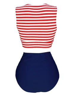 Best Retro Stage [US Warehouse] Pink & Black 1970s Striped Waist Tie Patchwork Swimsuit