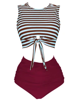 Best Retro Stage [US Warehouse] Pink & Black 1970s Striped Waist Tie Patchwork Swimsuit