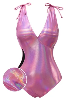 New Retro Stage [US Warehouse] 1970s Bow Deep V Gloss Hollow Swimsuit Pink