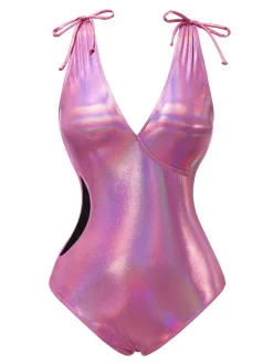 New Retro Stage [US Warehouse] 1970s Bow Deep V Gloss Hollow Swimsuit Pink