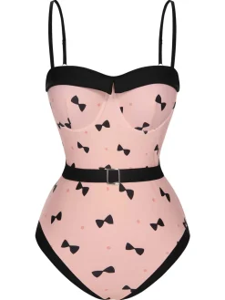 Hot Retro Stage [US Warehouse] 1950s Bow Polka Dots Print One-Piece Swimsuit Pink