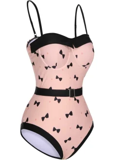 Hot Retro Stage [US Warehouse] 1950s Bow Polka Dots Print One-Piece Swimsuit Pink