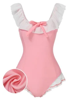 Hot Retro Stage [US Warehouse] 1950s Bowknot Lapel One-Piece Swimsuit Pink