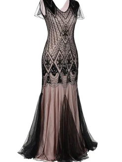 Fashion Retro Stage [US Warehouse] Pink 1920s Cap Sleeve Sequin Evening Dress
