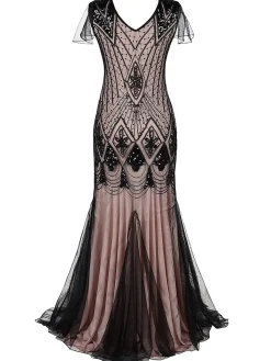 Fashion Retro Stage [US Warehouse] Pink 1920s Cap Sleeve Sequin Evening Dress