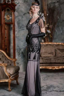 Fashion Retro Stage [US Warehouse] Pink 1920s Cap Sleeve Sequin Evening Dress