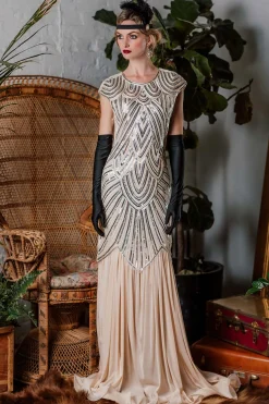 Best Retro Stage [US Warehouse] 1920s Embroidery Sequin Maxi Dress Pink
