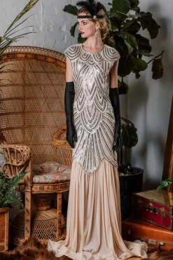 Best Retro Stage [US Warehouse] 1920s Embroidery Sequin Maxi Dress Pink