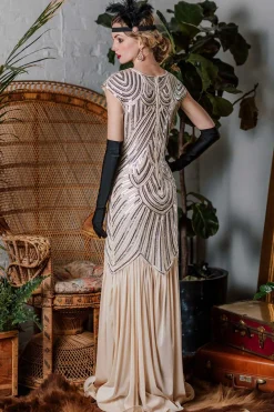 Best Retro Stage [US Warehouse] 1920s Embroidery Sequin Maxi Dress Pink