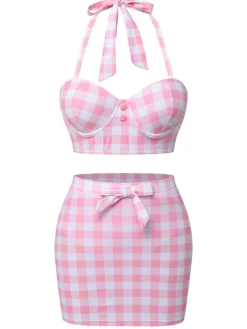 Fashion Retro Stage [US Warehouse] 1950s Halter Plaids Bow Swimsuit Pink