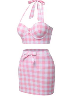 Fashion Retro Stage [US Warehouse] 1950s Halter Plaids Bow Swimsuit Pink
