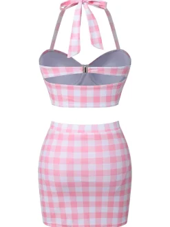 Fashion Retro Stage [US Warehouse] 1950s Halter Plaids Bow Swimsuit Pink