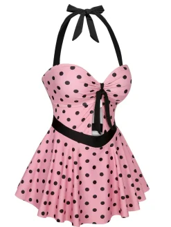 Clearance Retro Stage [US Warehouse] 1950s Halter Polka Dots One-Piece Swimsuit Pink