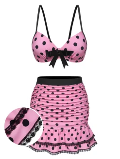Discount Retro Stage [US Warehouse] 1950s Polka Dot Halter Skirt Swimsuit Pink