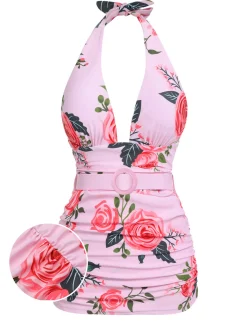 Hot Retro Stage [US Warehouse] 1930s Roses Halter Belt Swimsuit Pink
