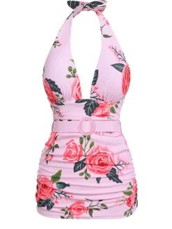 Hot Retro Stage [US Warehouse] 1930s Roses Halter Belt Swimsuit Pink