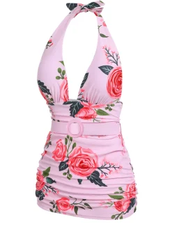 Hot Retro Stage [US Warehouse] 1930s Roses Halter Belt Swimsuit Pink