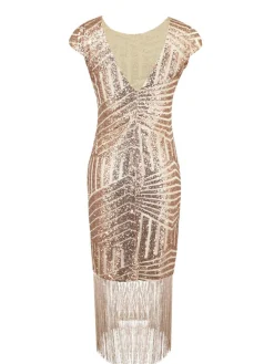 Sale Retro Stage [US Warehouse] 1920s Sequin Fringed Dress Pink