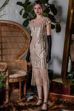 Sale Retro Stage [US Warehouse] 1920s Sequin Fringed Dress Pink