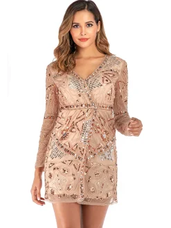 Hot Retro Stage [US Warehouse] 1920s Sequined Long Sleeve Dress Pink