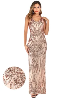 Sale Retro Stage [US Warehouse] 1920s Sequined Embellished Maxi Dress Pink