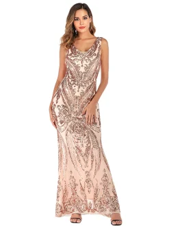 Sale Retro Stage [US Warehouse] 1920s Sequined Embellished Maxi Dress Pink