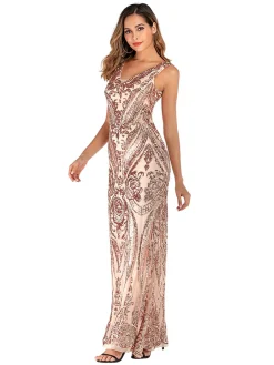 Sale Retro Stage [US Warehouse] 1920s Sequined Embellished Maxi Dress Pink
