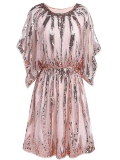 Best Retro Stage [US Warehouse] Pink 1920s Sequined Flare Sleeve Dress