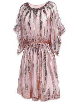 Best Retro Stage [US Warehouse] Pink 1920s Sequined Flare Sleeve Dress