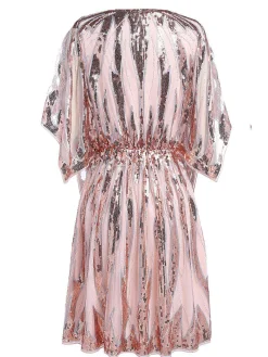 Best Retro Stage [US Warehouse] Pink 1920s Sequined Flare Sleeve Dress