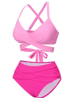 Best Retro Stage [US Warehouse] 1960s Solid Strap Bandage Bikini Set Pink