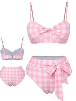 Hot Retro Stage [US Warehouse] 1940s Spaghetti Strap Plaid Bow Swimsuit Pink