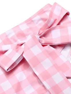 Hot Retro Stage [US Warehouse] 1940s Spaghetti Strap Plaid Bow Swimsuit Pink
