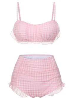 New Retro Stage [US Warehouse] 1940s Spaghetti Strap Mesh Plaids Swimsuit Pink