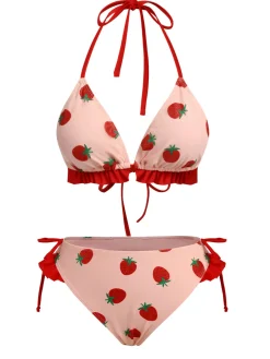 Outlet Retro Stage [US Warehouse] 1950s Strawberry Lace-Up Halter Swimsuit Pink