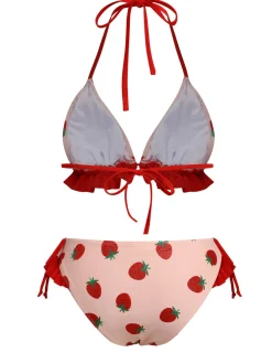 Outlet Retro Stage [US Warehouse] 1950s Strawberry Lace-Up Halter Swimsuit Pink